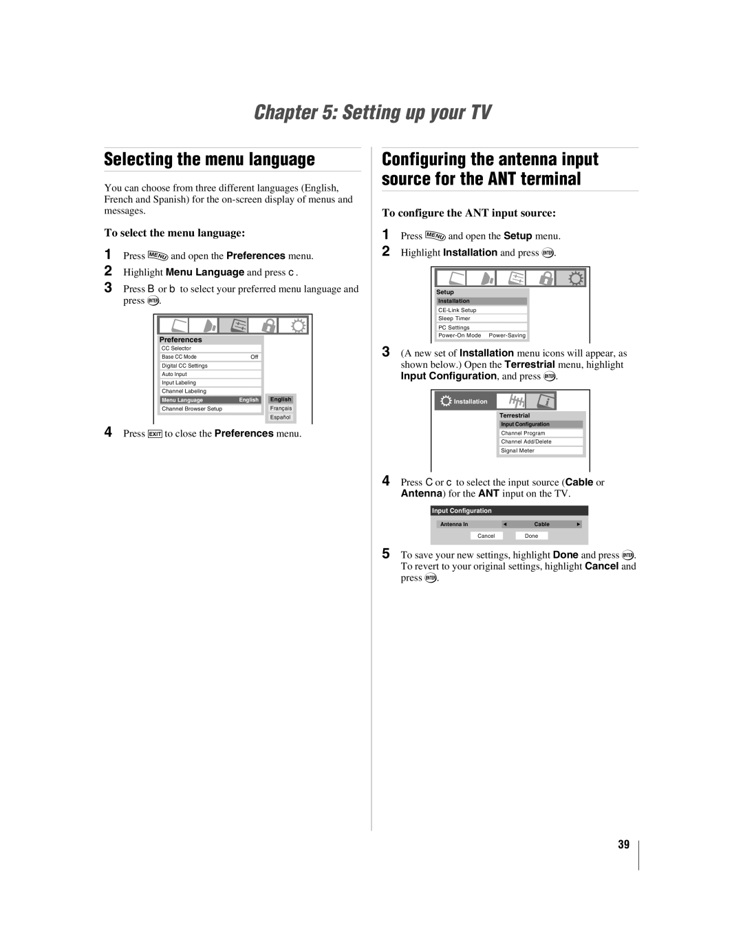 Toshiba 42hl167 Setting up your TV, Selecting the menu language, Configuring the antenna input source for the ANT terminal 