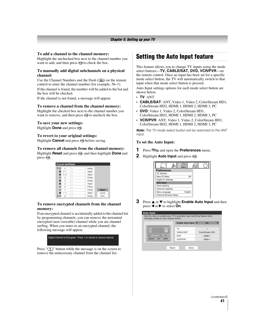 Toshiba 52HL167, 42hl167, 47HL167 manual Setting the Auto Input feature 