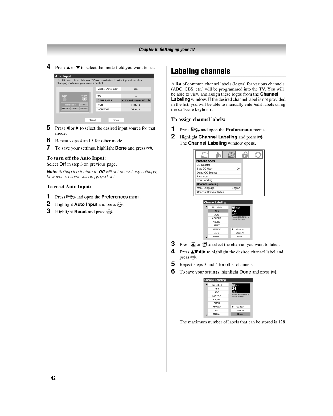 Toshiba 42hl167, 47HL167 manual Labeling channels, To turn off the Auto Input, To reset Auto Input, To assign channel labels 