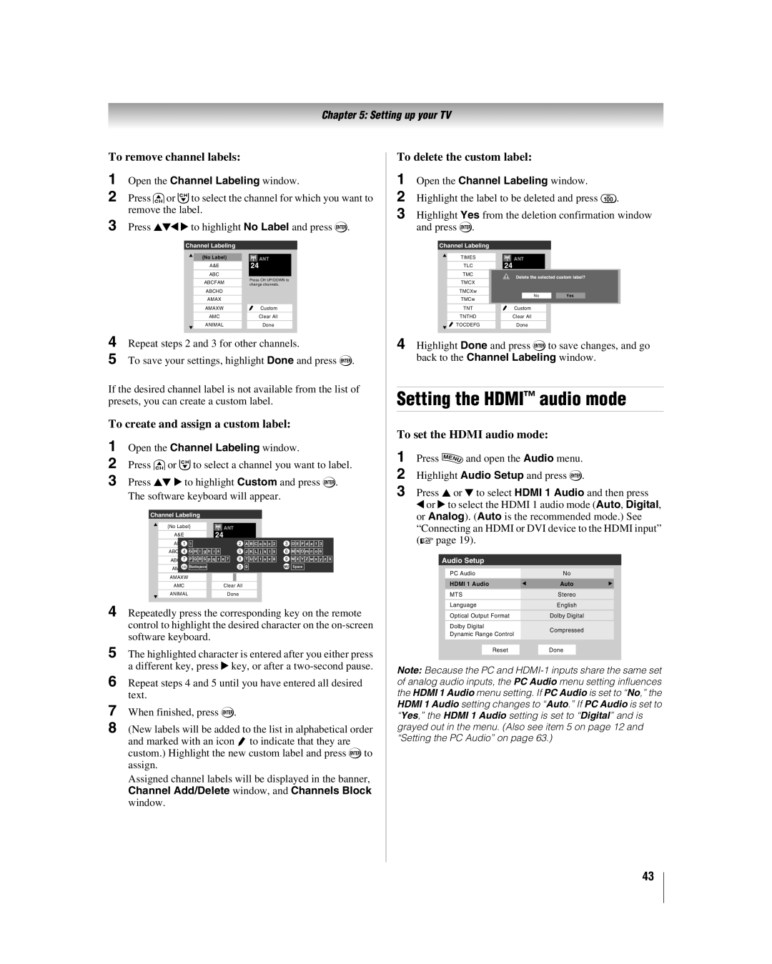 Toshiba 47HL167, 42hl167, 52HL167 manual Setting the Hdmi audio mode, To remove channel labels, To delete the custom label 