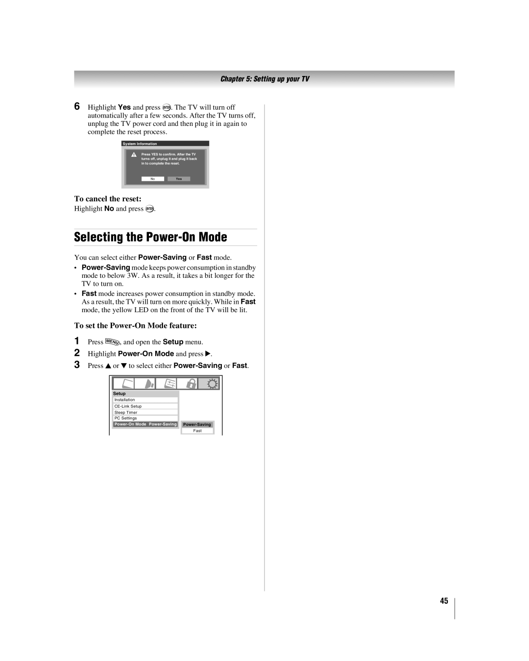 Toshiba 42hl167, 47HL167, 52HL167 manual Selecting the Power-On Mode, To cancel the reset, To set the Power-On Mode feature 