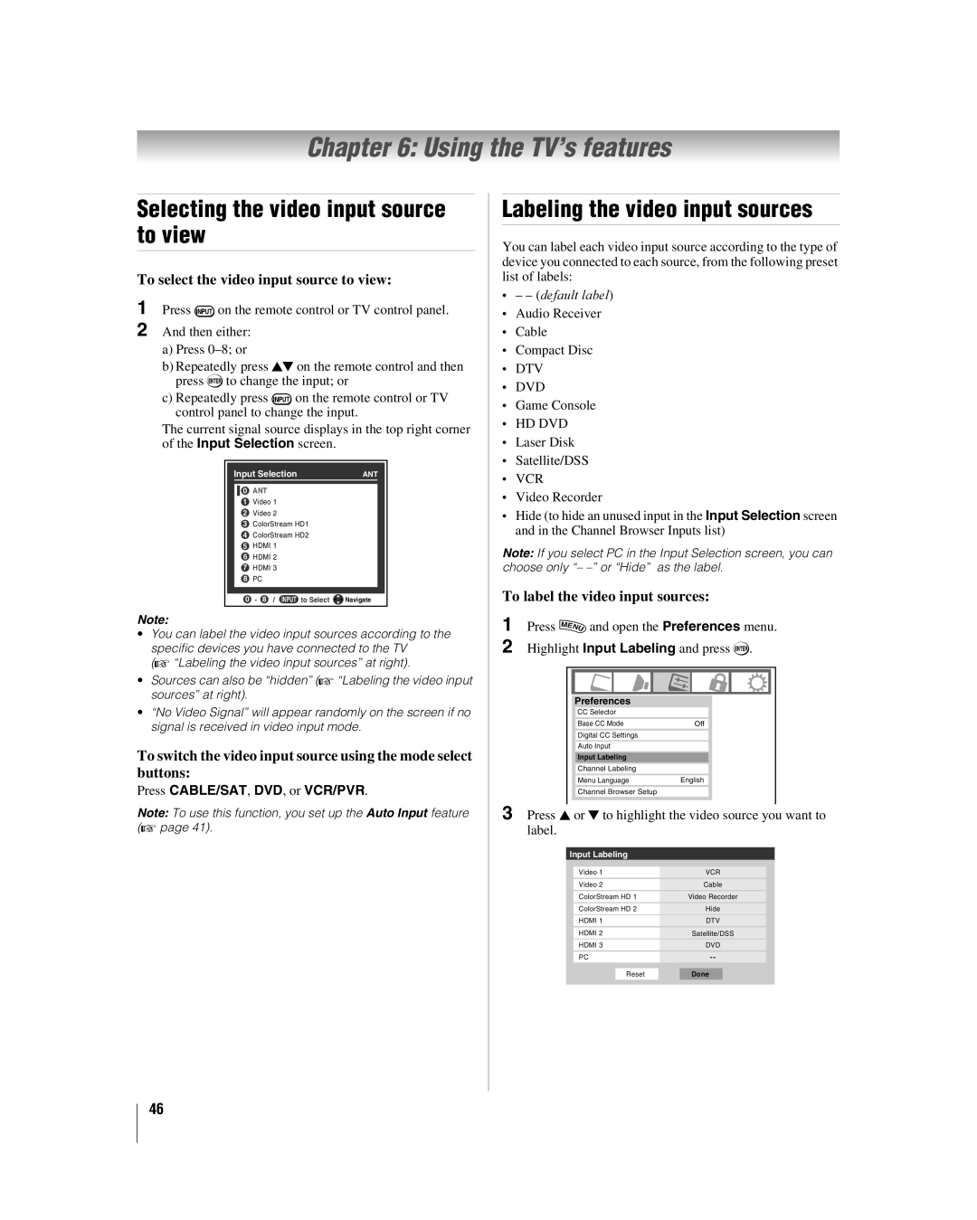 Toshiba 47HL167, 42hl167 manual Using the TV’s features, Labeling the video input sources, To label the video input sources 