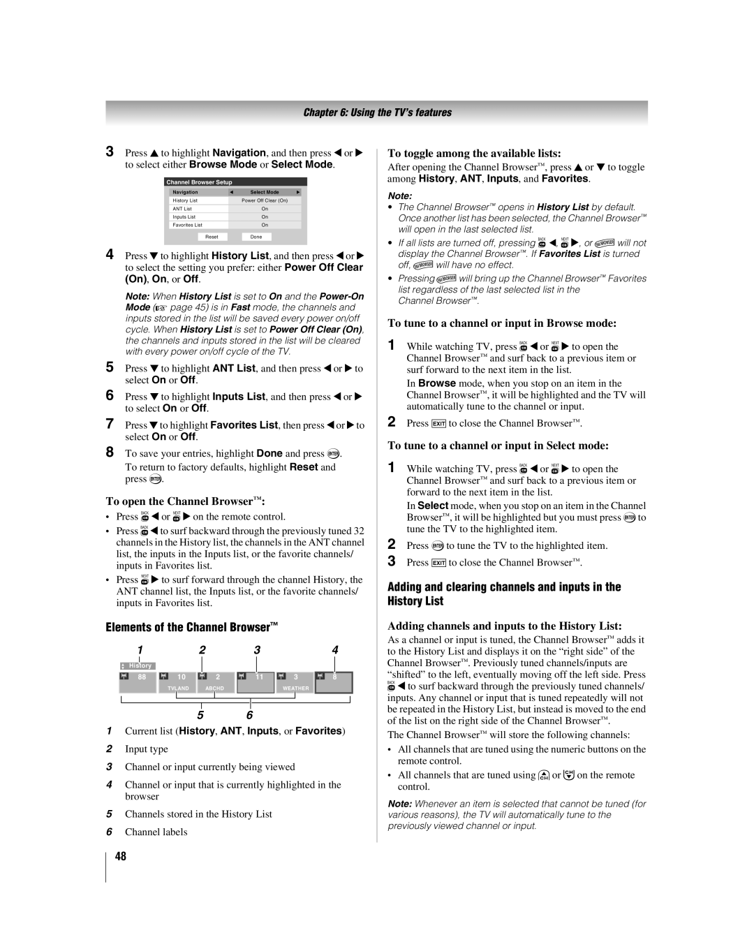 Toshiba 42hl167, 47HL167 manual Elements of the Channel Browser, Adding and clearing channels and inputs in the History List 