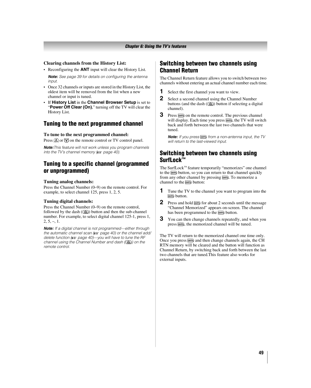 Toshiba 47HL167 Tuning to a specific channel programmed or unprogrammed, Switching between two channels using SurfLock 