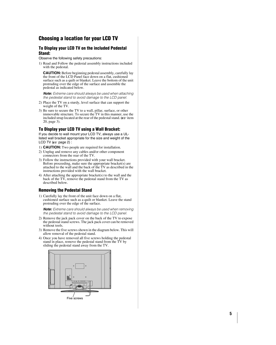 Toshiba 52HL167, 42hl167 manual Choosing a location for your LCD TV, To Display your LCD TV on the included Pedestal Stand 