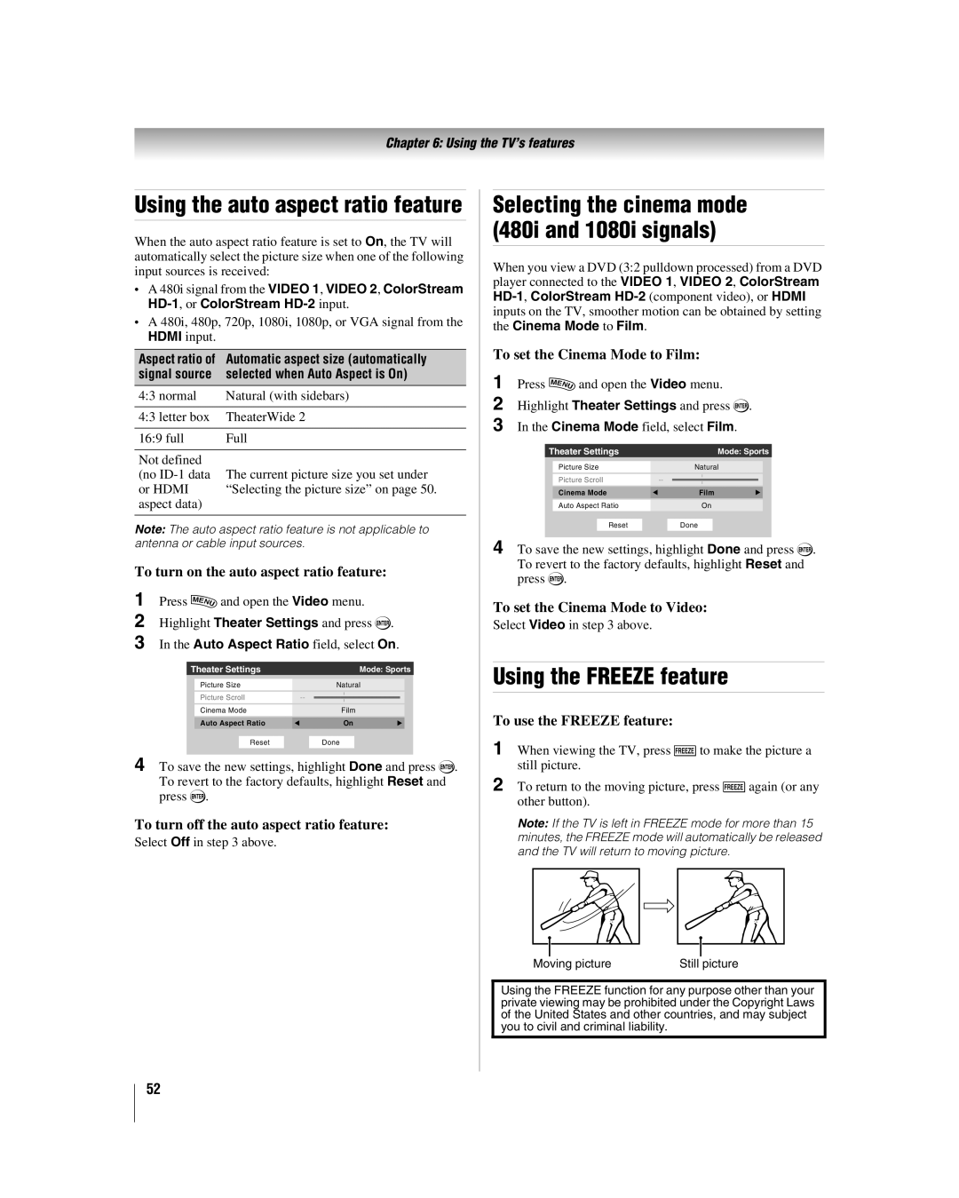 Toshiba 47HL167, 42hl167, 52HL167 manual Using the Freeze feature 