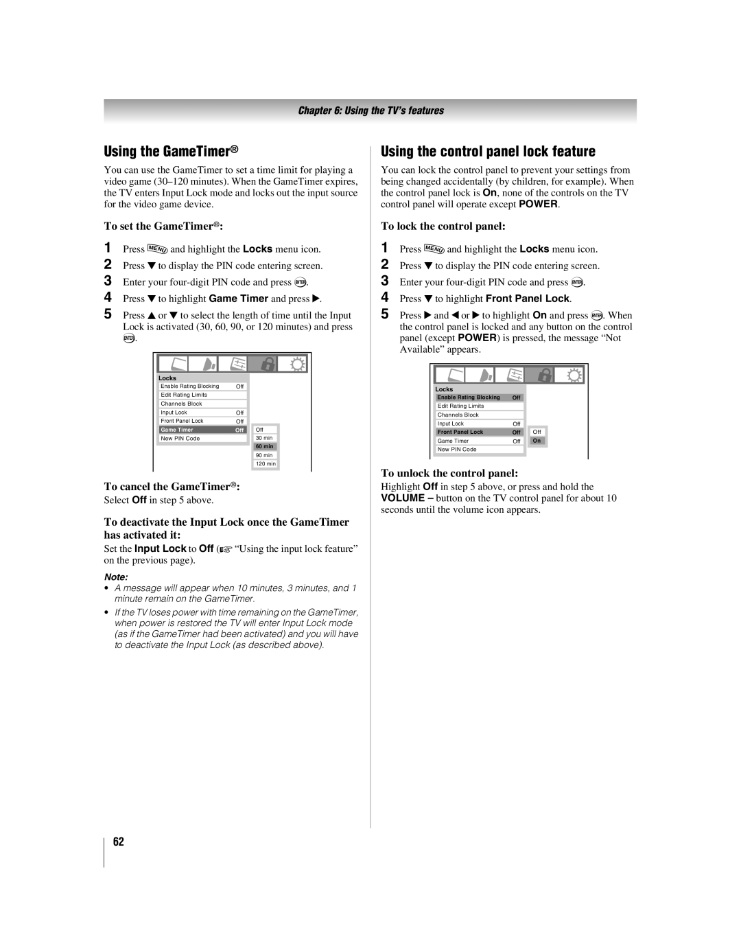 Toshiba 52HL167, 42hl167, 47HL167 manual Using the GameTimer, Using the control panel lock feature 