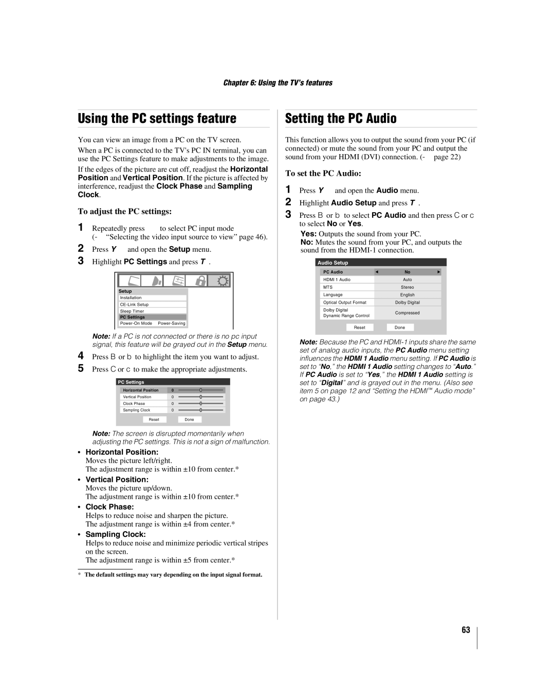 Toshiba 42hl167 manual Using the PC settings feature, Setting the PC Audio, To adjust the PC settings, To set the PC Audio 