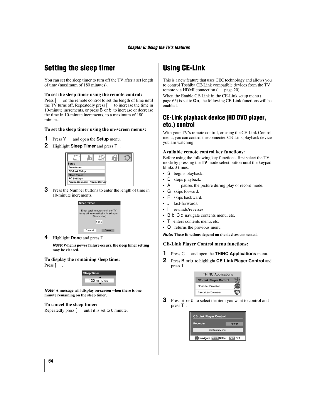 Toshiba 47HL167, 42hl167 manual Setting the sleep timer, Using CE-Link, CE-Link playback device HD DVD player, etc. control 