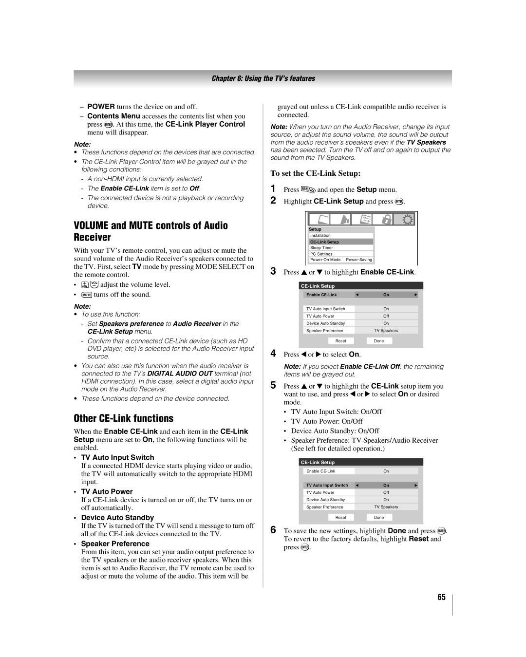 Toshiba 52HL167, 42hl167 Volume and Mute controls of Audio Receiver, Other CE-Link functions, To set the CE-Link Setup 