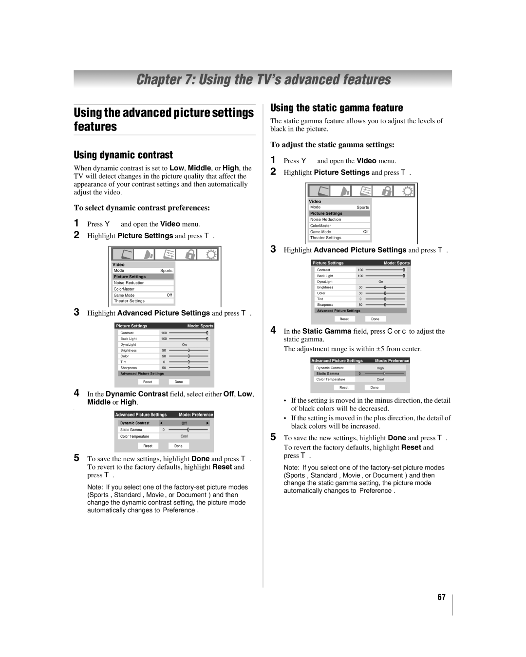 Toshiba 47HL167 Using the TV’s advanced features, Using the advanced picture settings features, Using dynamic contrast 