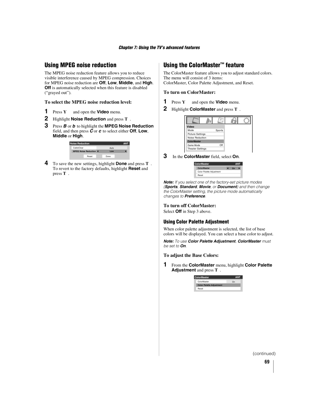Toshiba 42hl167, 47HL167, 52HL167 Using Mpeg noise reduction, Using the ColorMaster feature, Using Color Palette Adjustment 