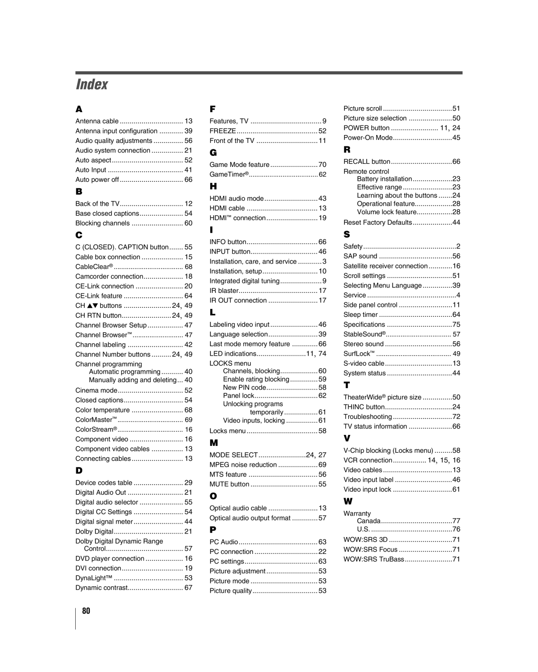 Toshiba 52HL167, 42hl167, 47HL167 manual Index, Freeze 