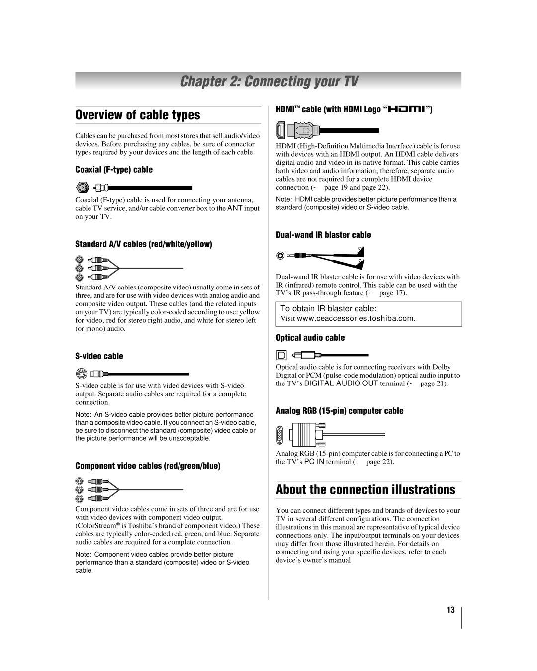 Toshiba 42hl167 manual Connecting your TV, Overview of cable types, About the connection illustrations 