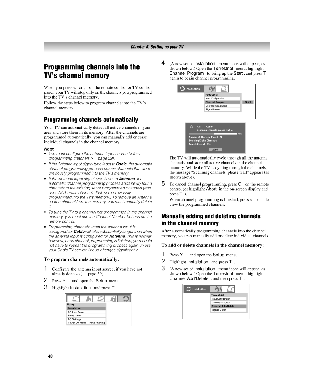 Toshiba 42hl167 manual Programming channels automatically, Manually adding and deleting channels in the channel memory 