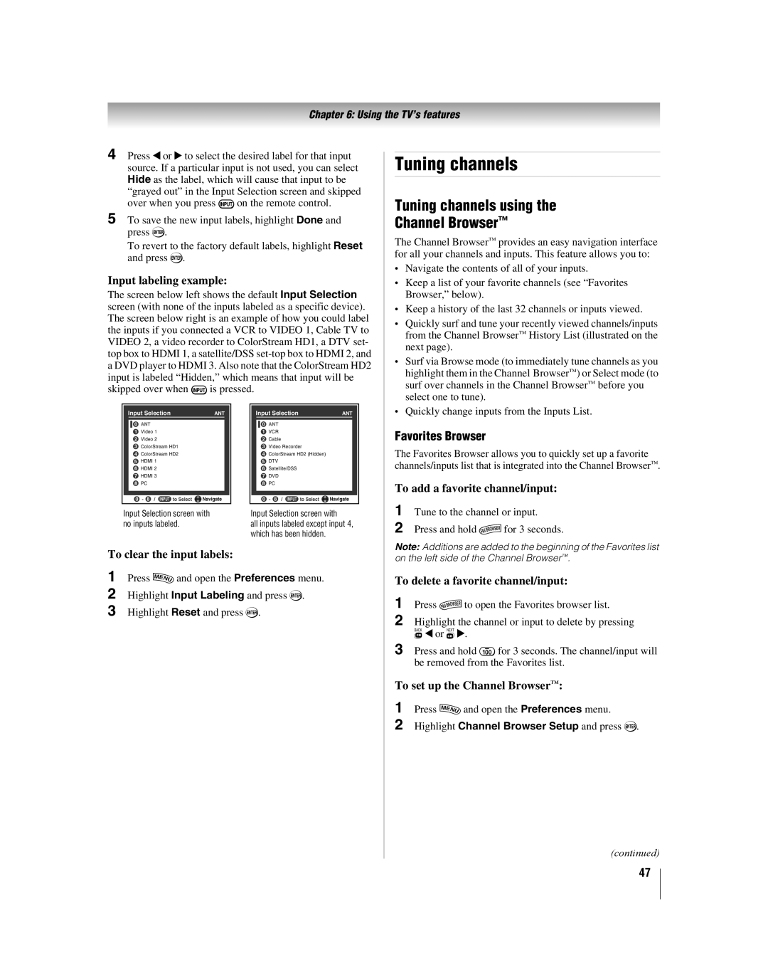 Toshiba 42hl167 manual Tuning channels using Channel Browser, Favorites Browser 