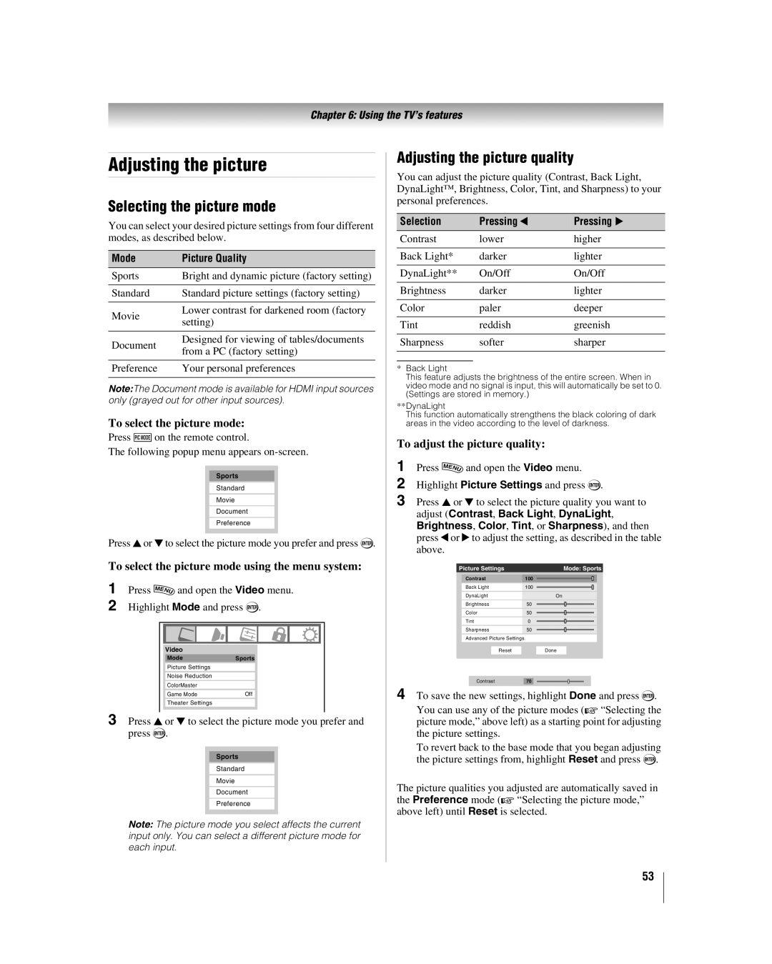 Toshiba 42hl167 manual Selecting the picture mode, Adjusting the picture quality 