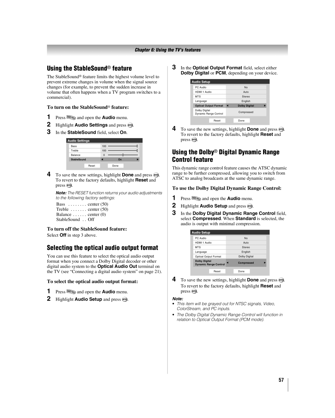 Toshiba 42hl167 manual Using the StableSound feature, Using the Dolby Digital Dynamic Range Control feature 