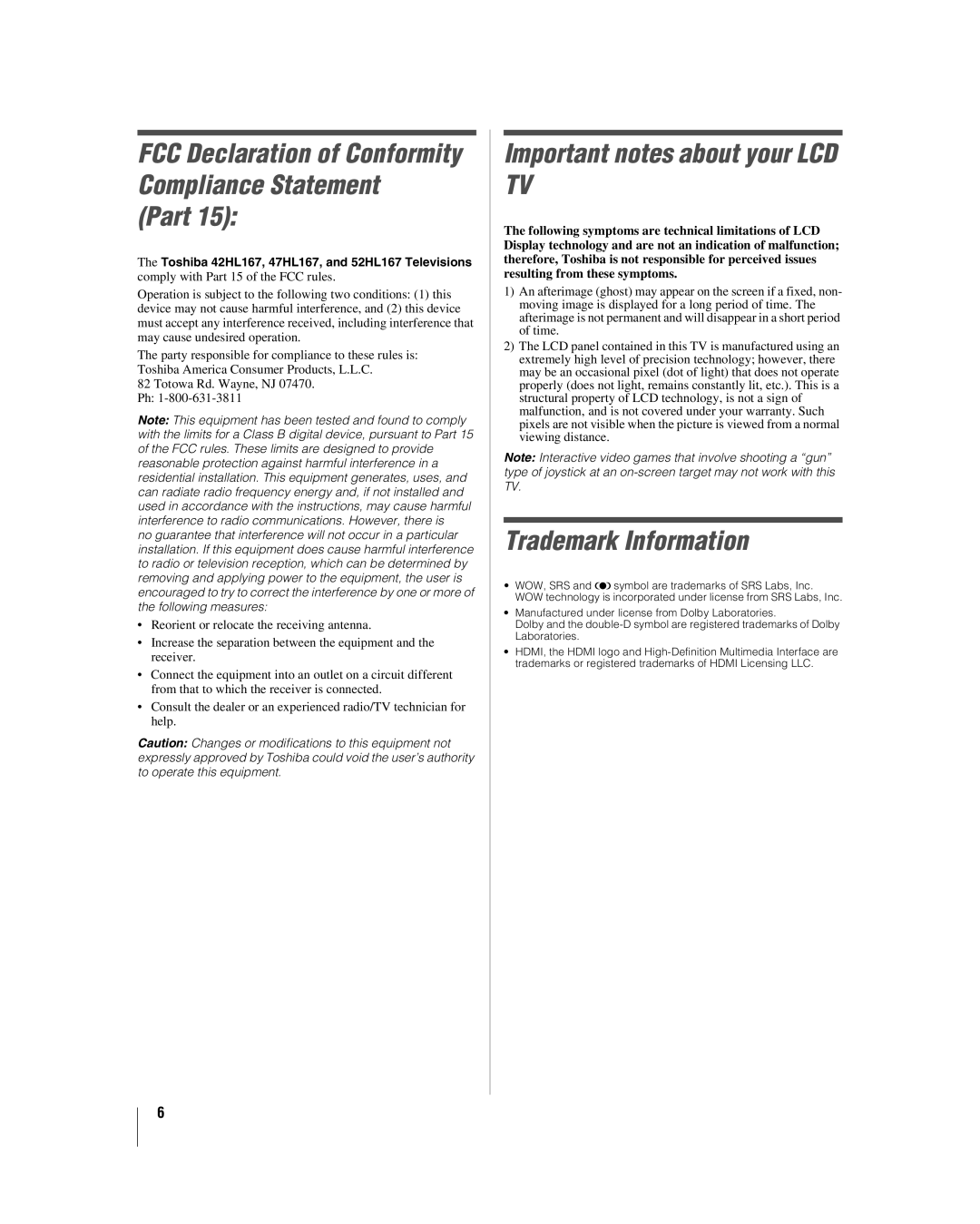 Toshiba 42hl167 manual Part, Important notes about your LCD TV, Trademark Information 