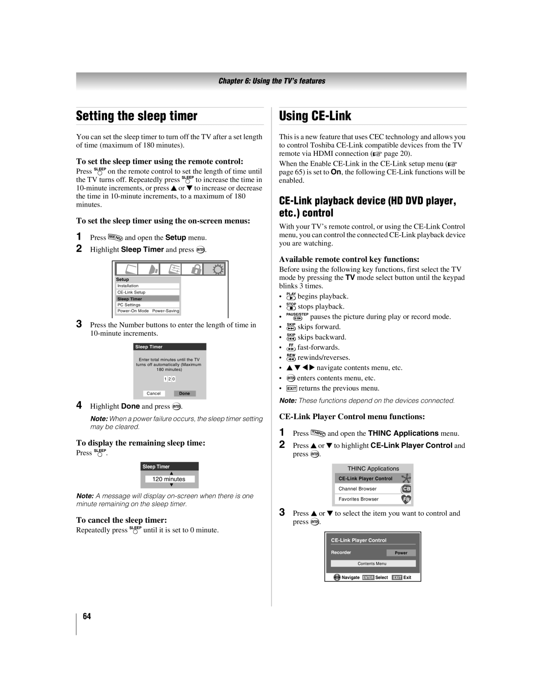 Toshiba 42hl167 manual Setting the sleep timer, Using CE-Link, CE-Link playback device HD DVD player, etc. control 