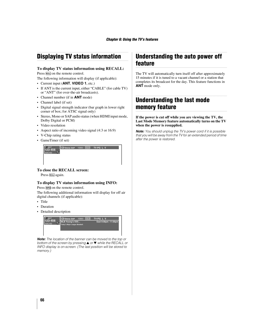 Toshiba 42hl167 manual Understanding the auto power off feature, Understanding the last mode memory feature 