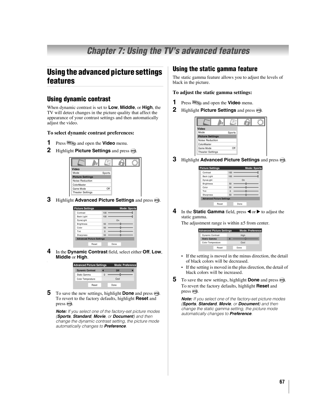 Toshiba 42hl167 Using the TV’s advanced features, Using the advanced picture settings features, Using dynamic contrast 