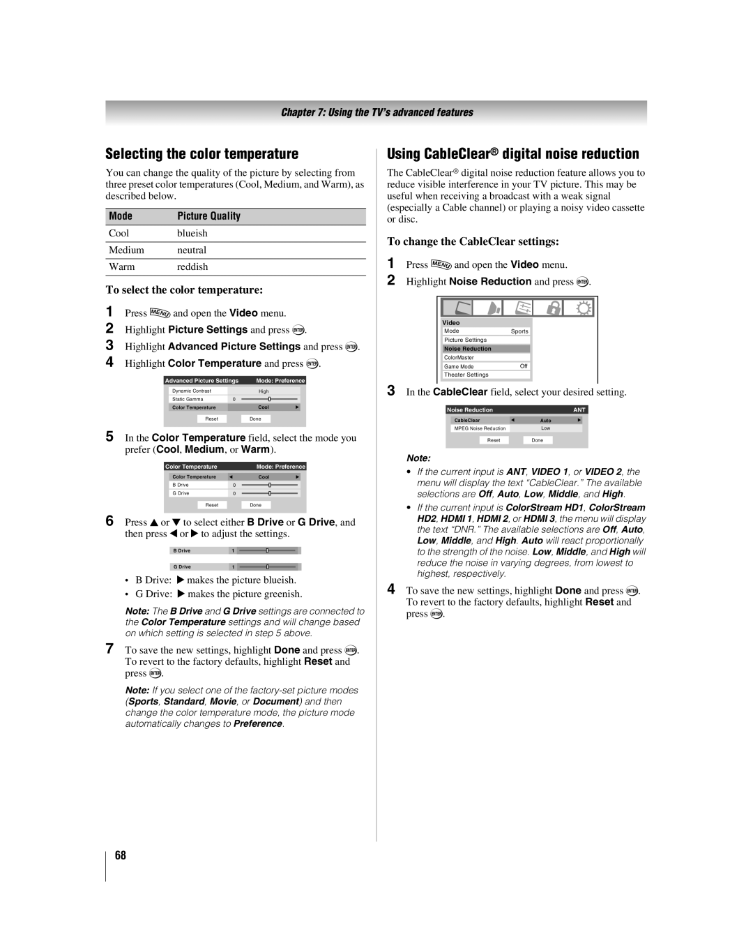 Toshiba 42hl167 Selecting the color temperature, Using CableClear digital noise reduction, To select the color temperature 