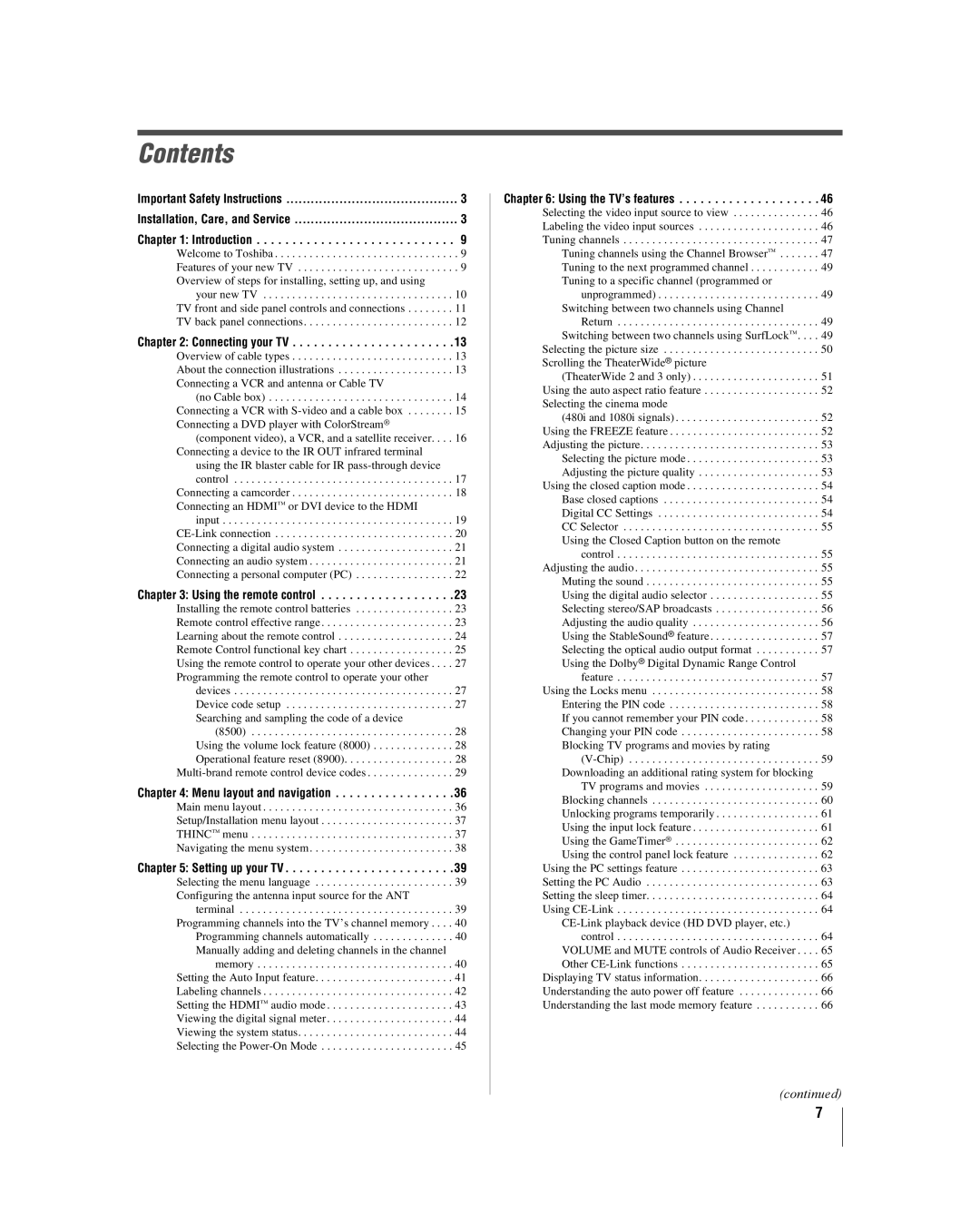 Toshiba 42hl167 manual Contents 