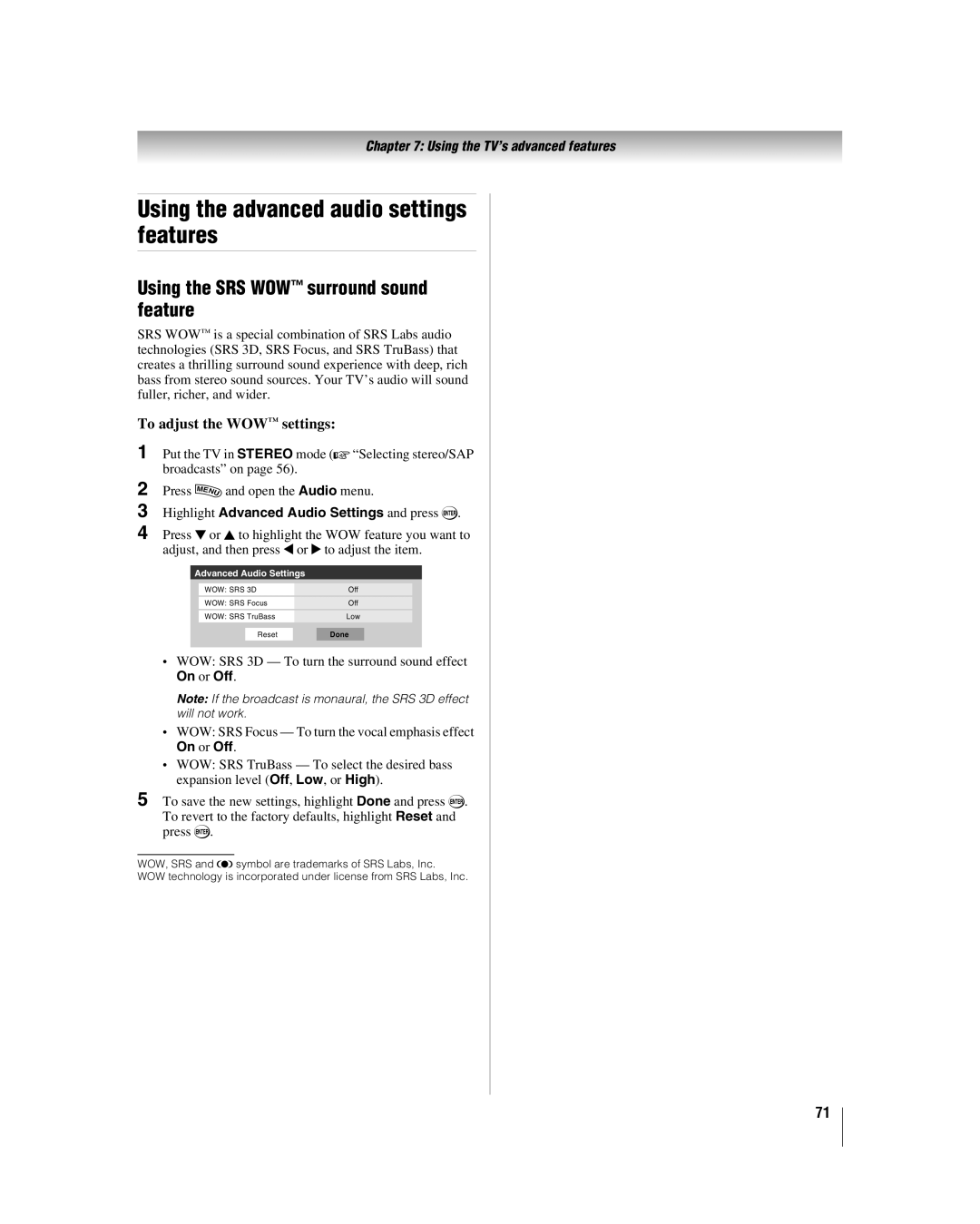 Toshiba 42hl167 manual Using the advanced audio settings features, Using the SRS WOW surround sound feature, On or Off 