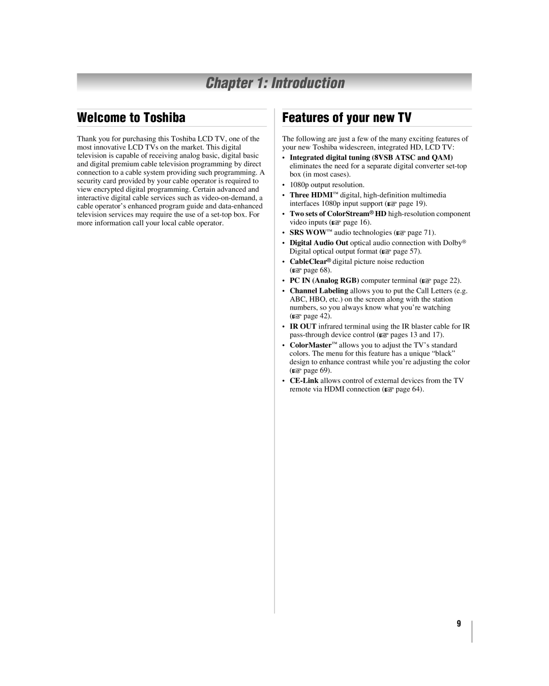 Toshiba 42hl167 manual Introduction, Welcome to Toshiba, Features of your new TV 