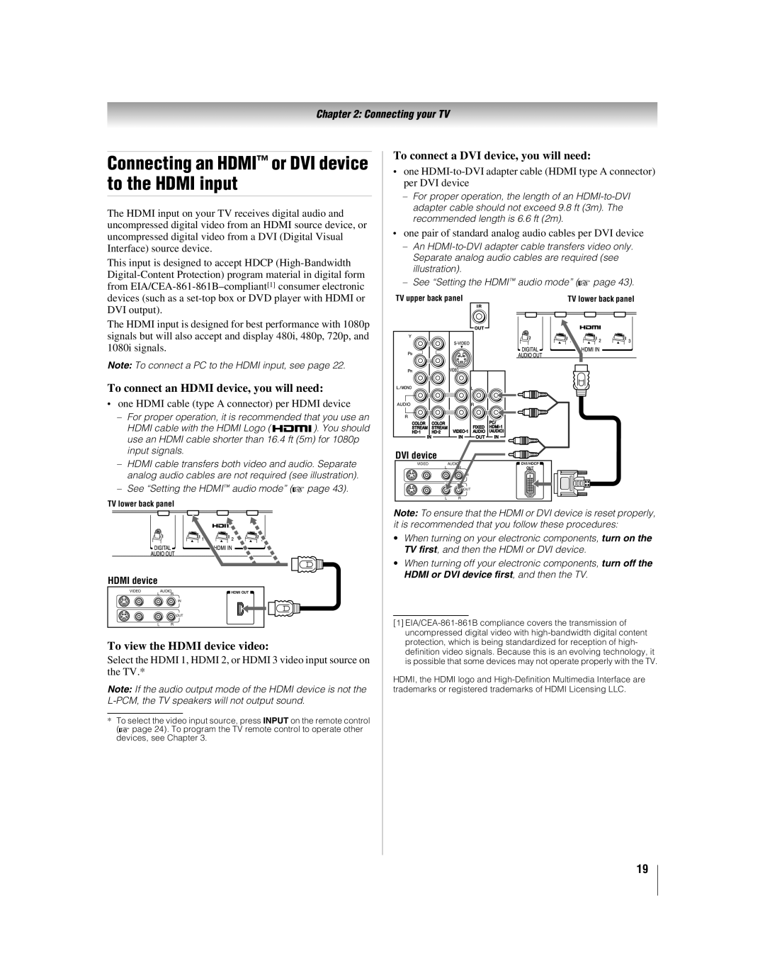 Toshiba 42hl167 manual Connecting an Hdmi or DVI device to the Hdmi input, To connect an Hdmi device, you will need 