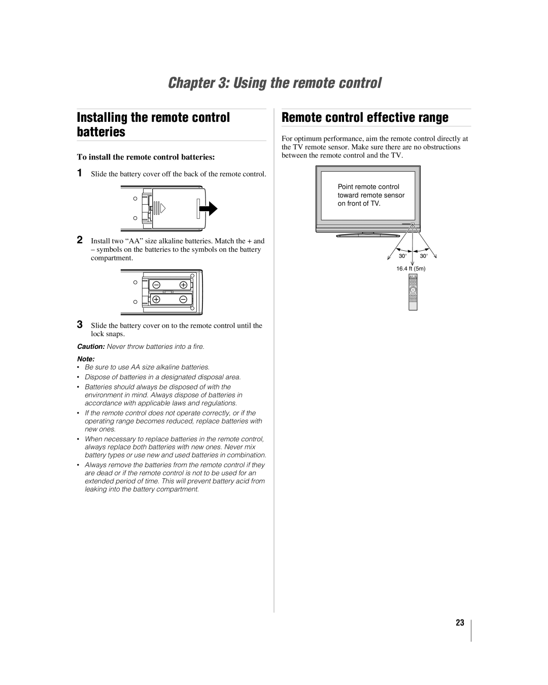 Toshiba 42hl167 manual Using the remote control, Installing the remote control batteries, Remote control effective range 