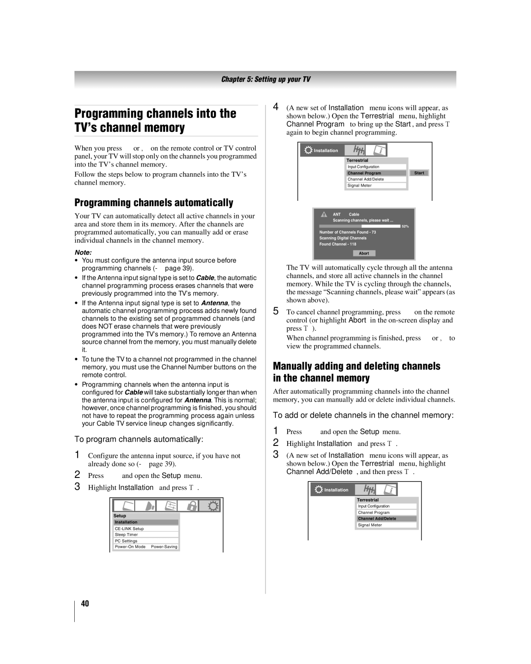 Toshiba 42hl167 manual Programming channels automatically, Manually adding and deleting channels in the channel memory 