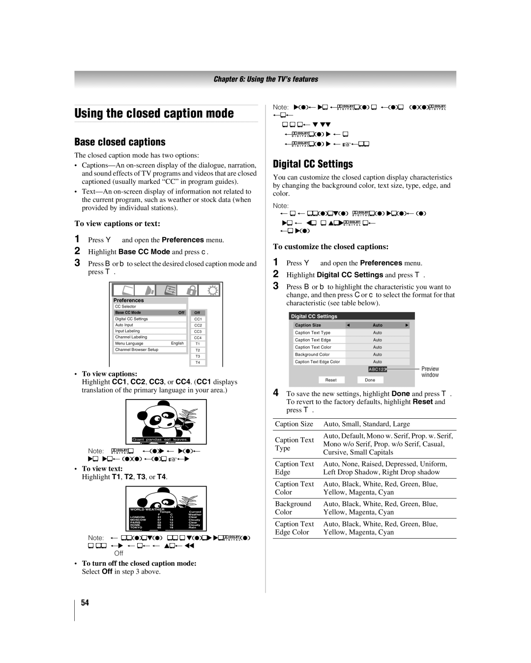 Toshiba 42hl167 manual Using the closed caption mode, Base closed captions, Digital CC Settings, To view captions or text 