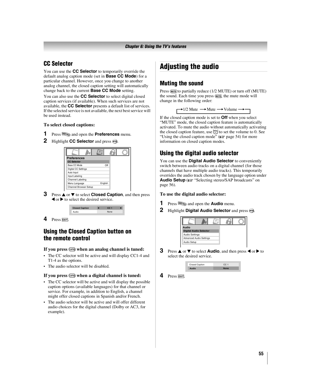 Toshiba 42hl167 Adjusting the audio, CC Selector, Using the Closed Caption button on the remote control, Muting the sound 