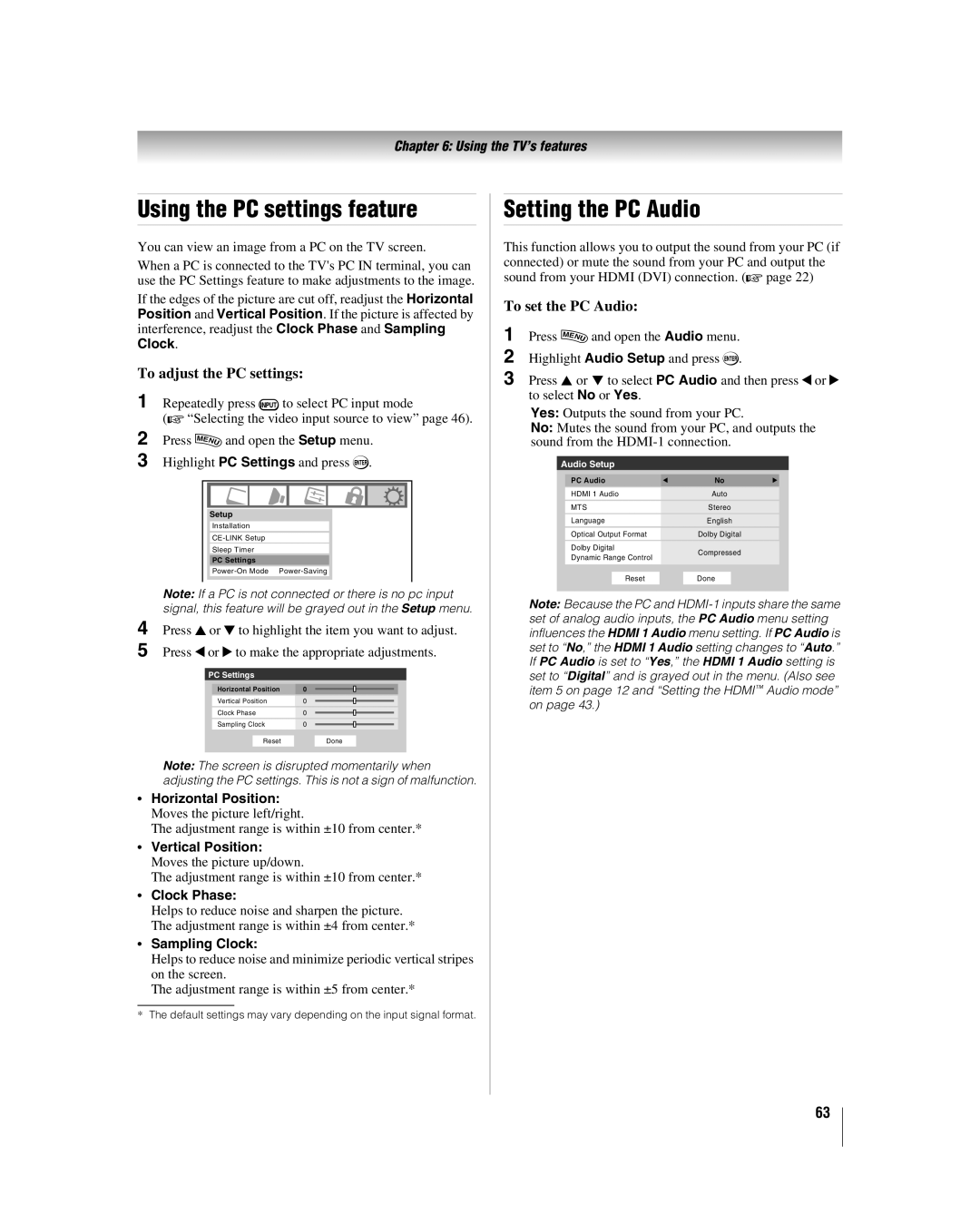 Toshiba 42hl167 manual Using the PC settings feature, Setting the PC Audio, To adjust the PC settings, To set the PC Audio 