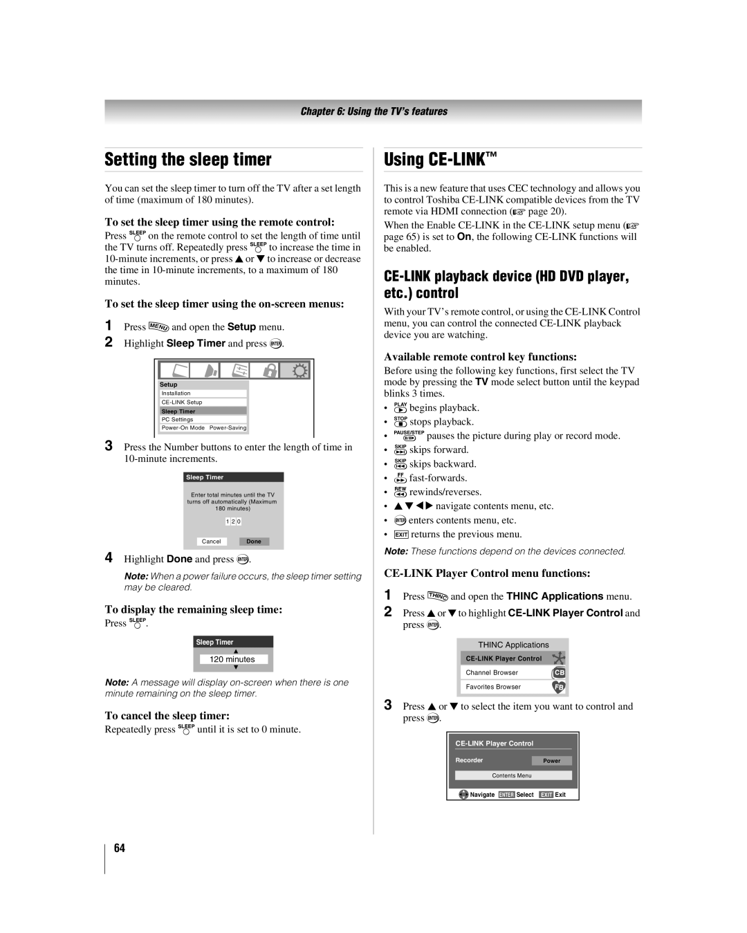 Toshiba 42hl167 manual Setting the sleep timer, Using CE-LINK, CE-LINK playback device HD DVD player, etc. control 