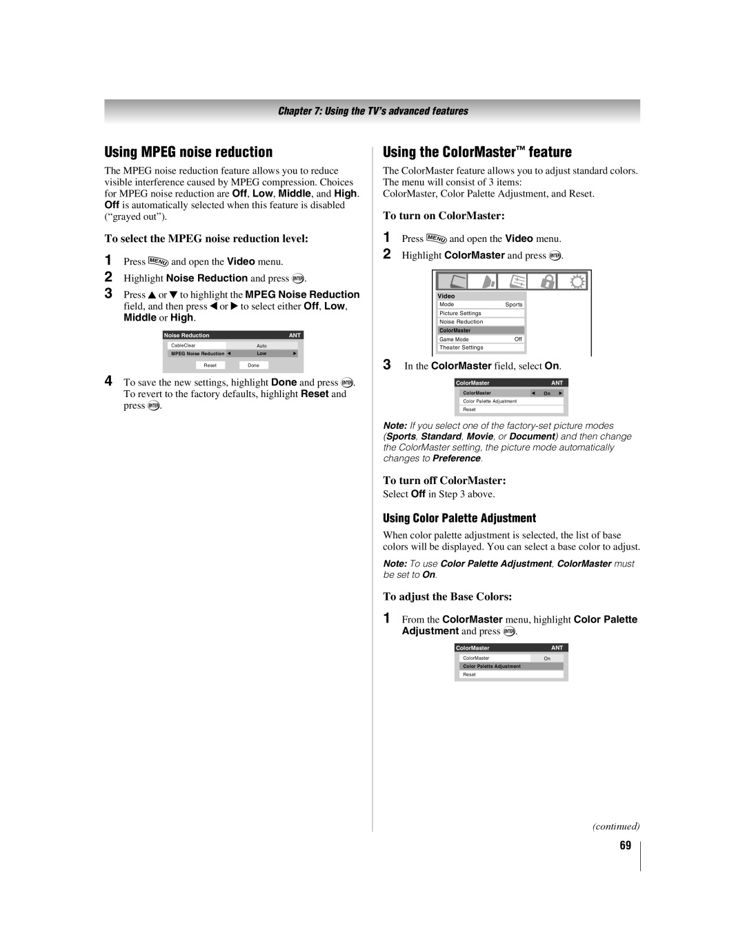 Toshiba 42hl167 manual Using Mpeg noise reduction, Using the ColorMaster feature, Using Color Palette Adjustment 