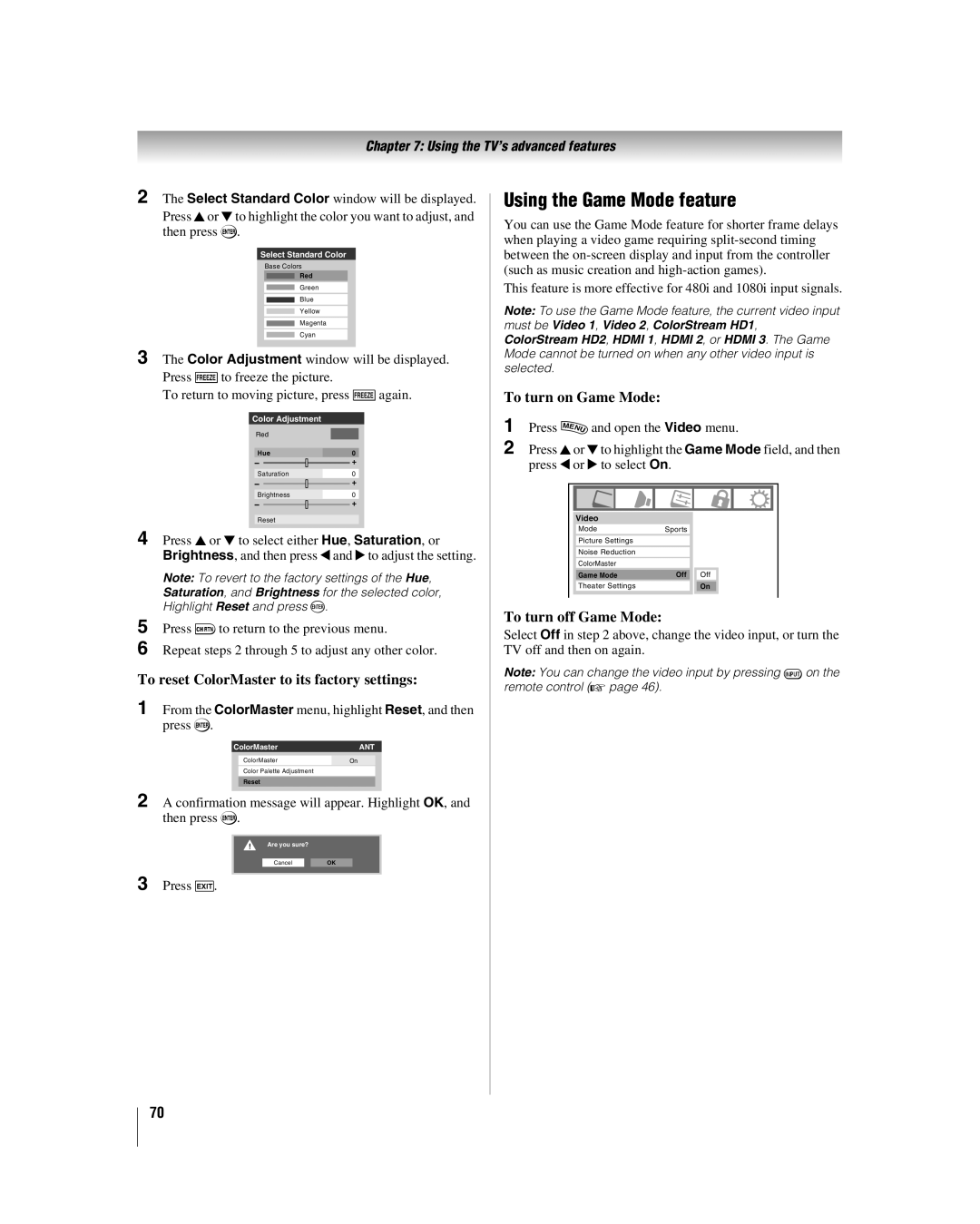 Toshiba 42hl167 manual Using the Game Mode feature, To reset ColorMaster to its factory settings, To turn on Game Mode 