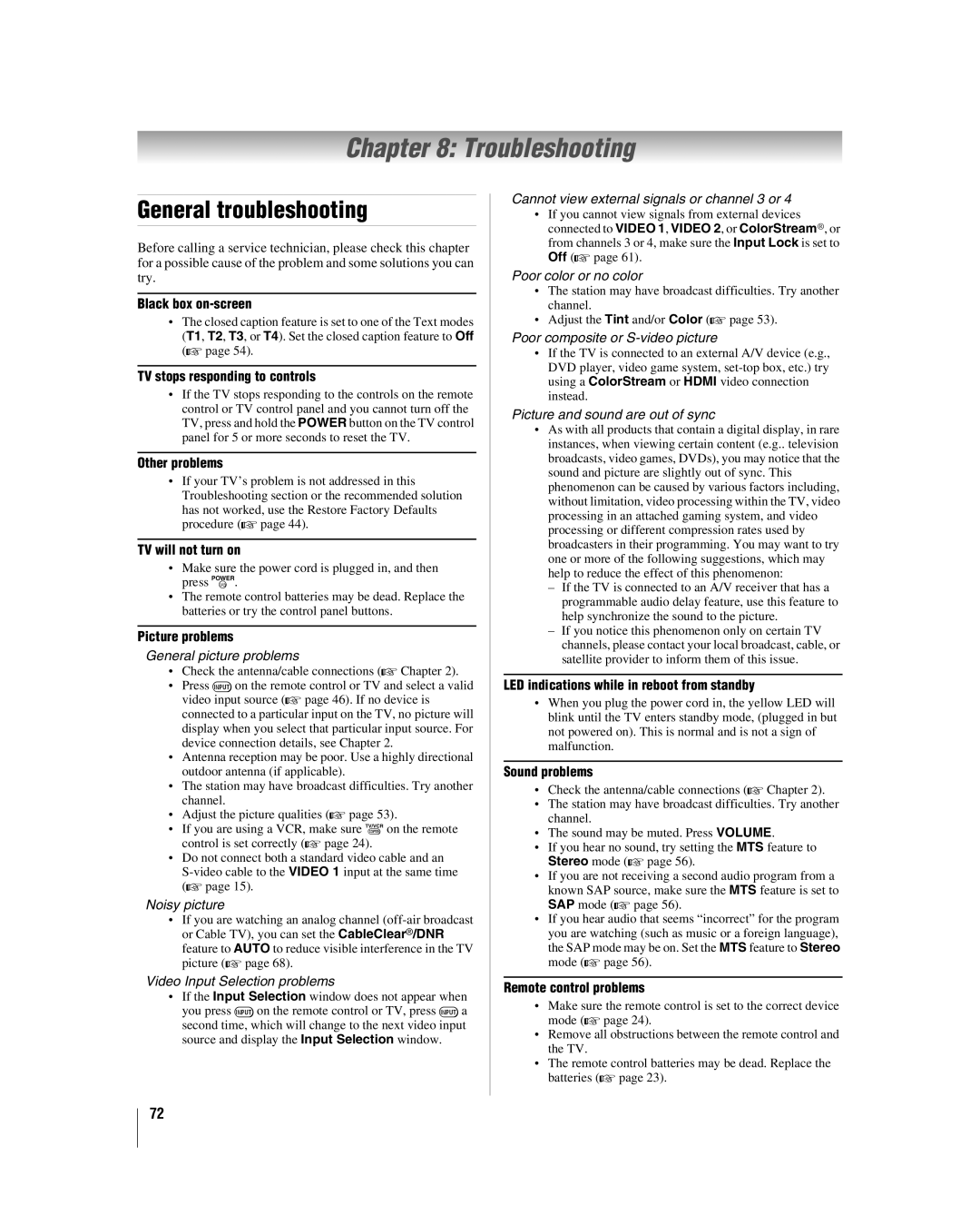 Toshiba 42hl167 manual Troubleshooting, General troubleshooting 