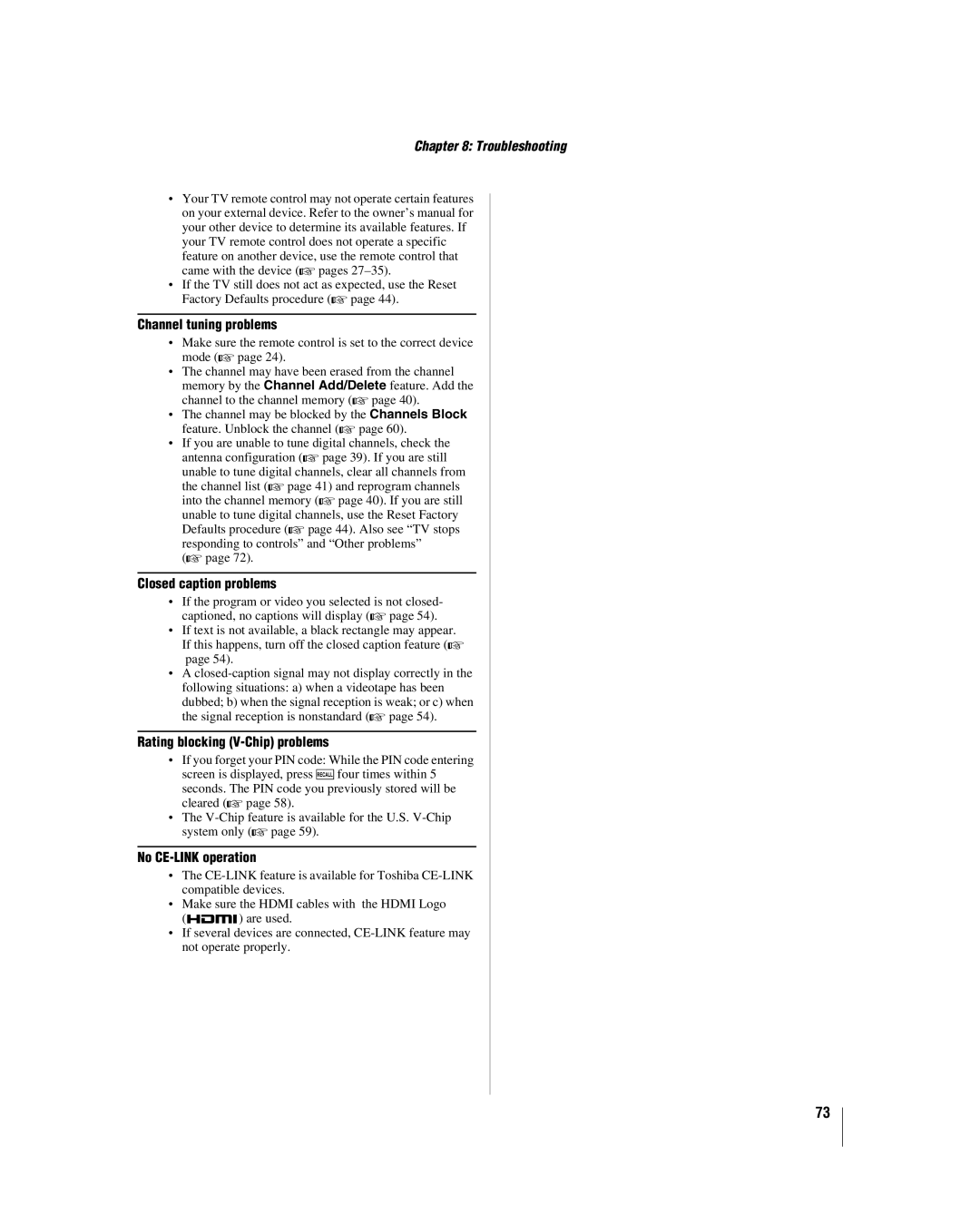 Toshiba 42hl167 Channel tuning problems, Closed caption problems, Rating blocking V-Chip problems, No CE-LINK operation 