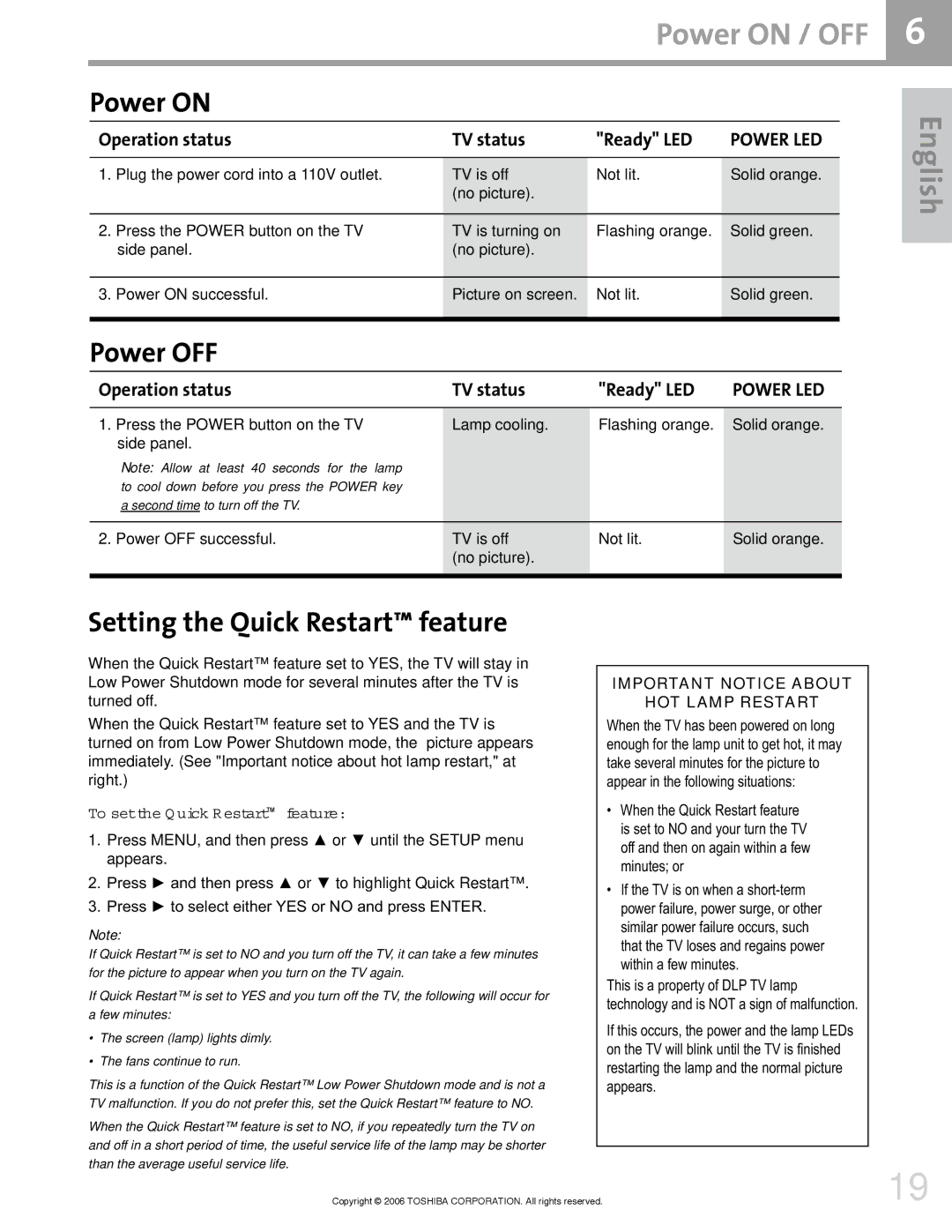 Toshiba 42HM66 manual Power on / OFF, Power OFF, Setting the Quick Restart feature 