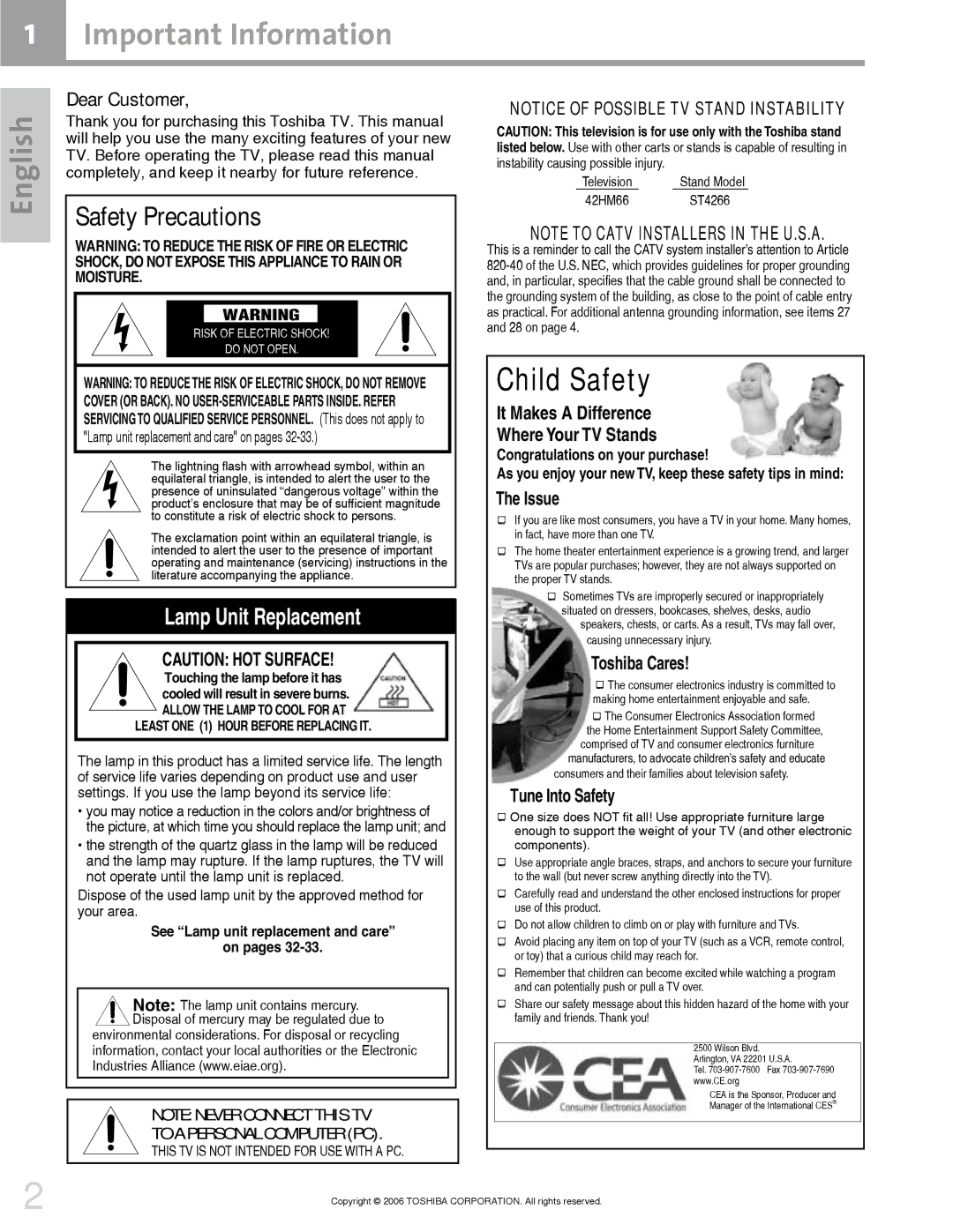 Toshiba 42HM66 manual Important Information, Safety Precautions 