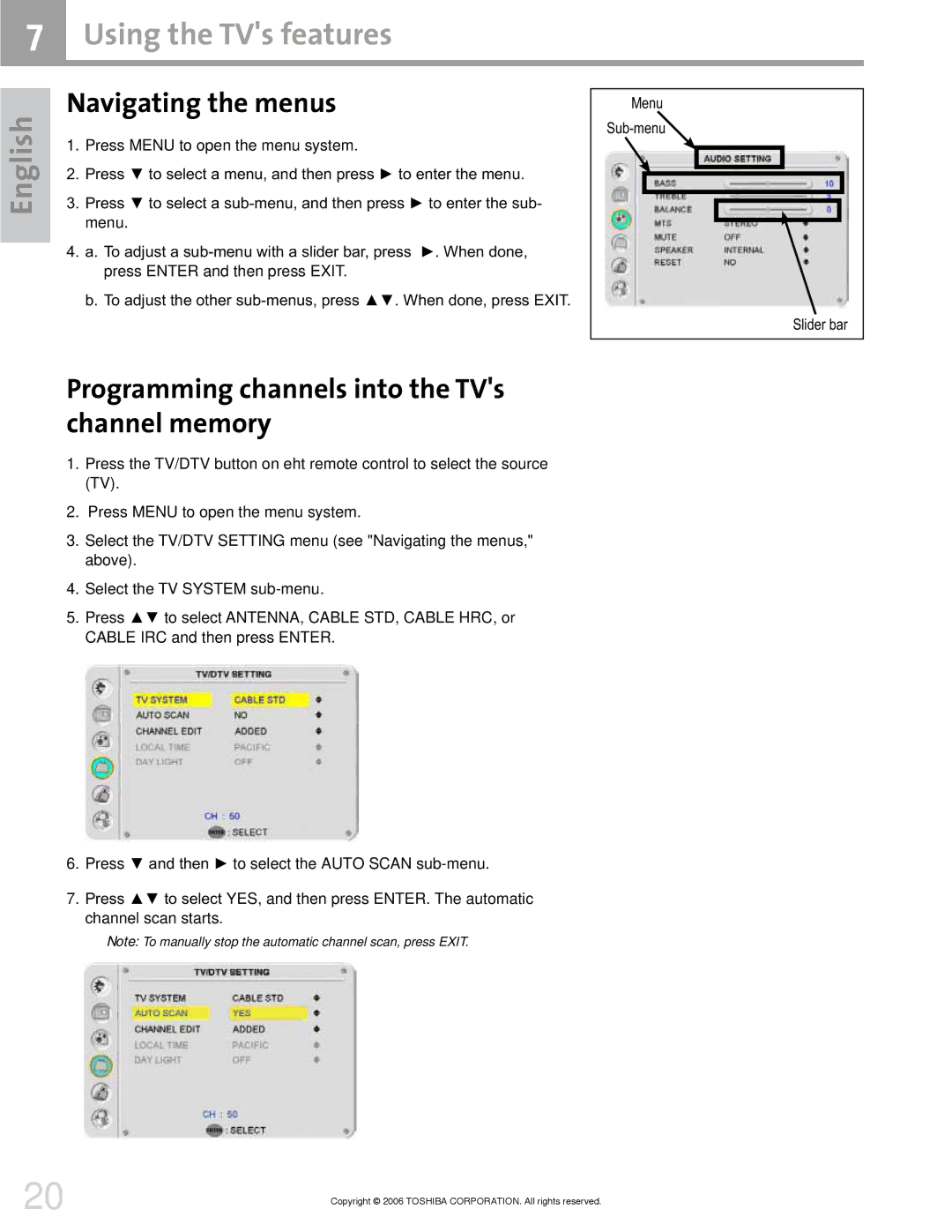 Toshiba 42HM66 manual Using the TVs features, Navigating the menus, Programming channels into the TVs channel memory, 0HQX 