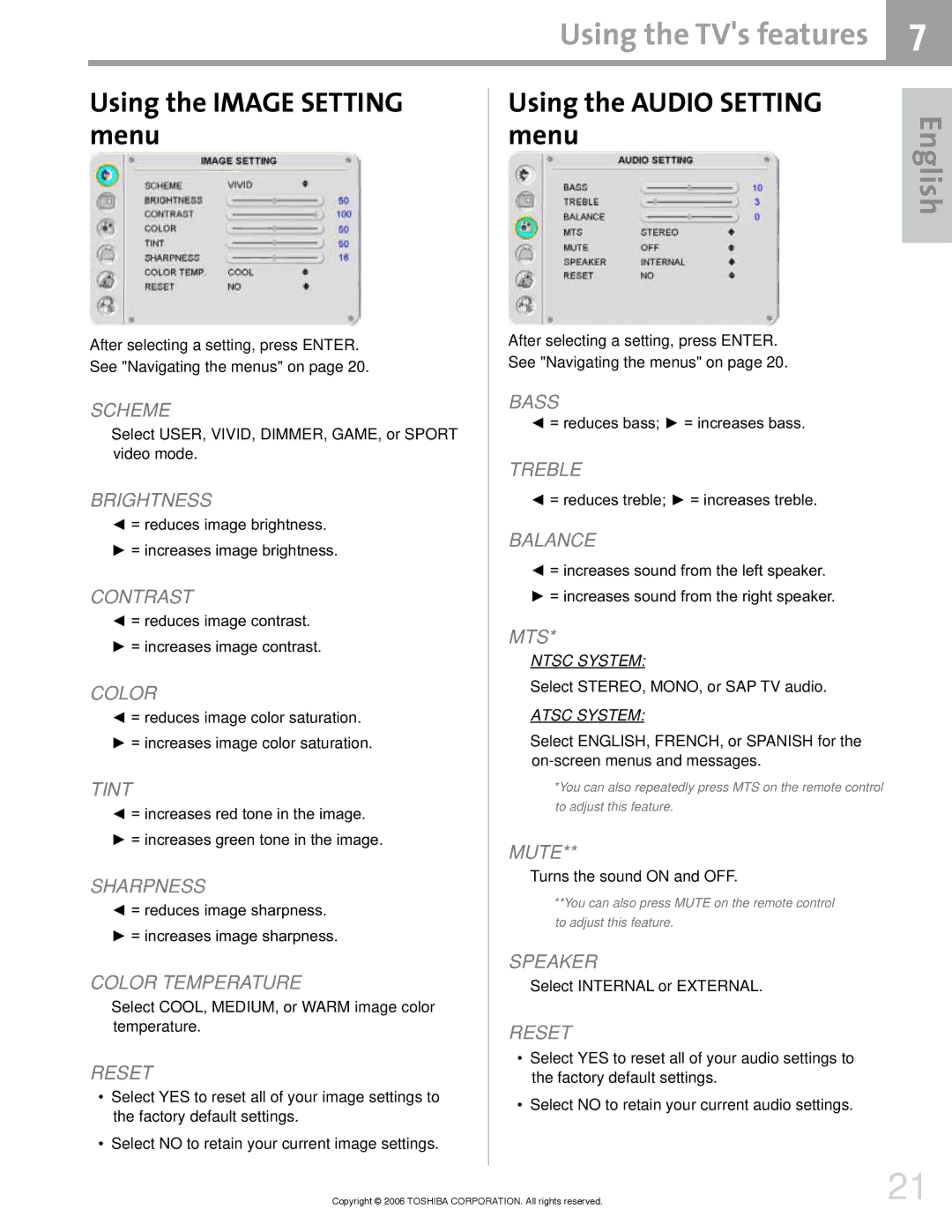 Toshiba 42HM66 manual Using the Image Setting menu, Using the Audio Setting menu 