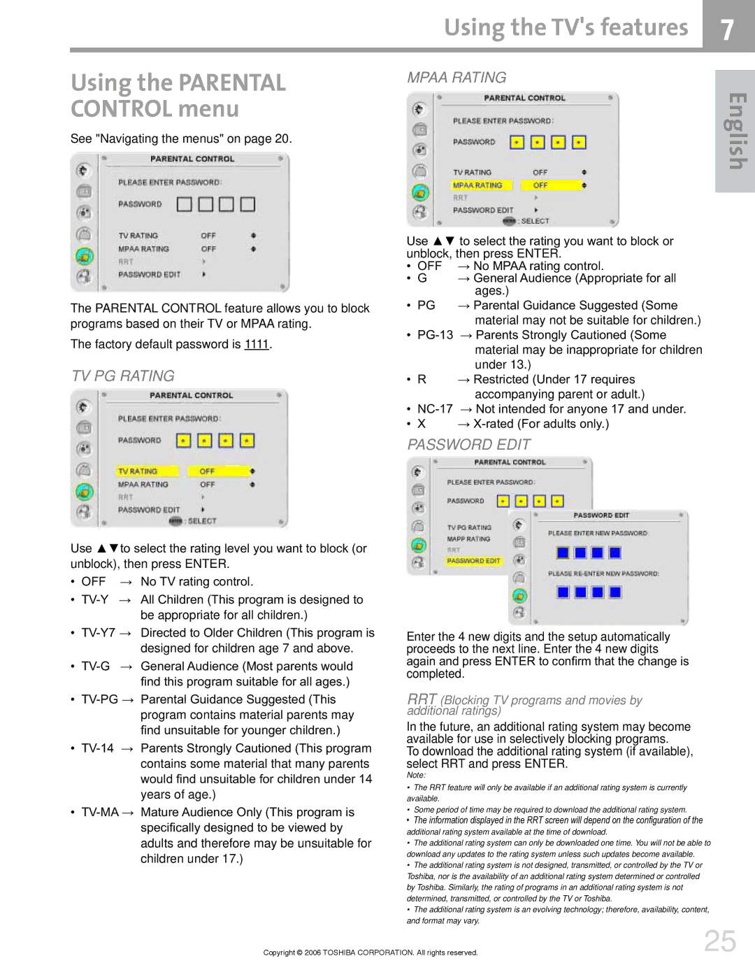 Toshiba 42HM66 manual Using the TVs features Using the Parental Control menu, TV PG Rating, Mpaa Rating, Password Edit 