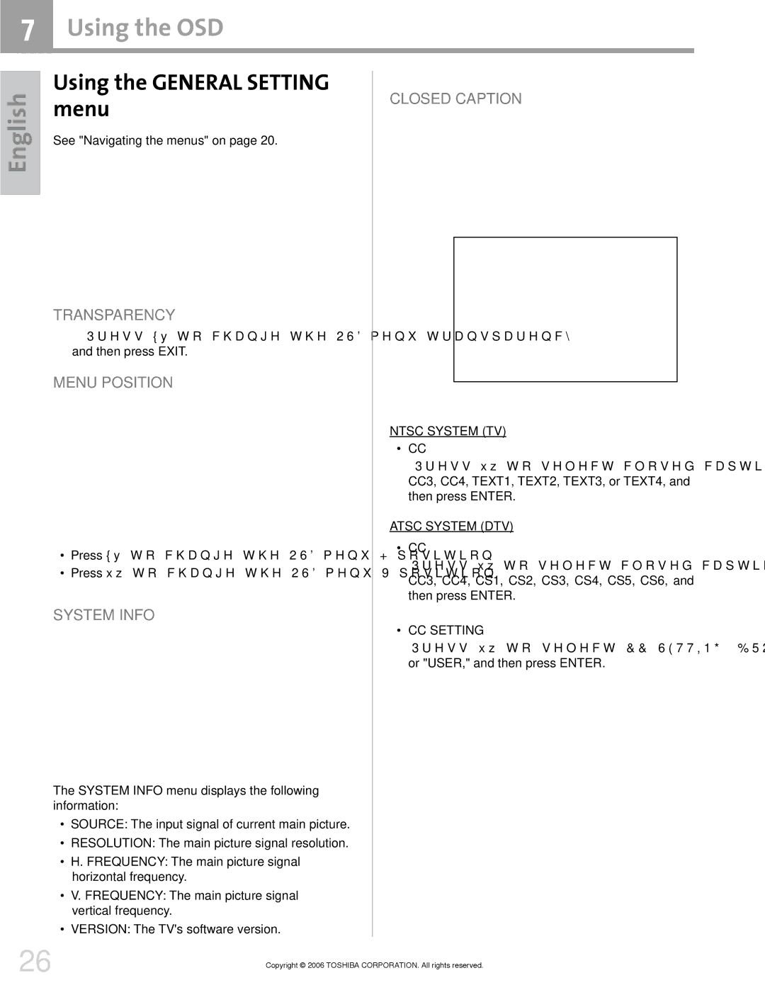 Toshiba 42HM66 manual Using the OSD, Transparency, Menu Position, System Info, Closed Caption 