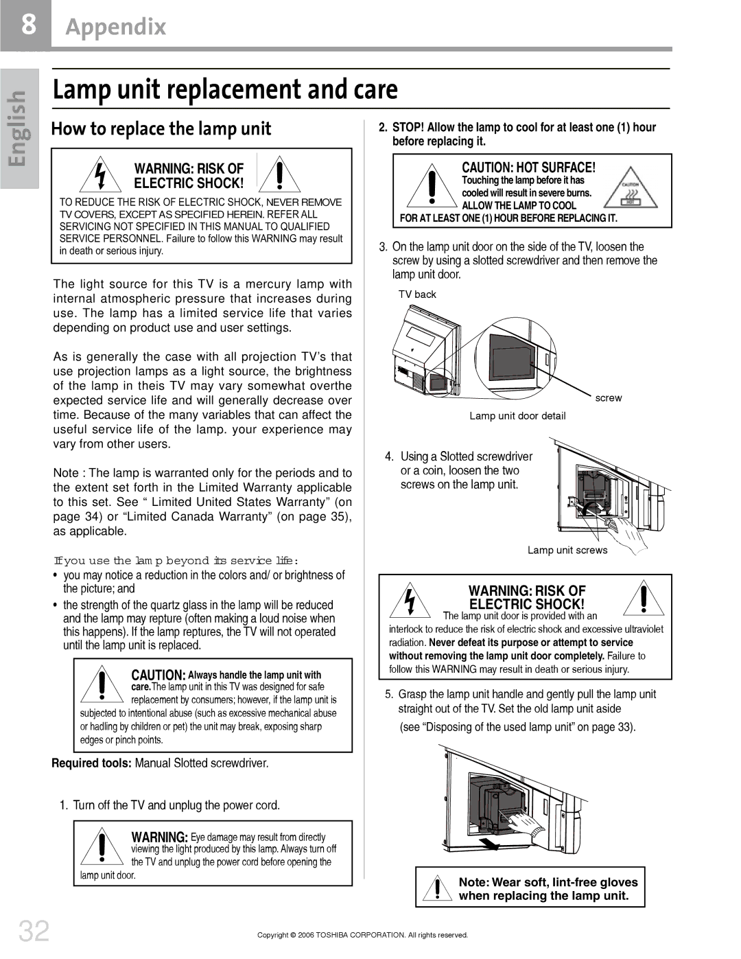 Toshiba 42HM66 manual Lamp unit replacement and care 