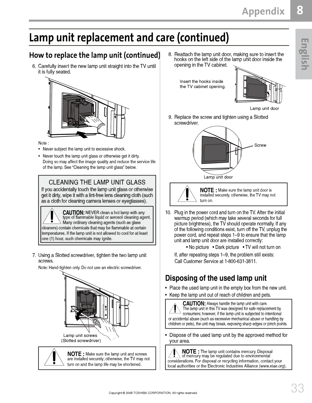 Toshiba 42HM66 manual How to replace the lamp unit 