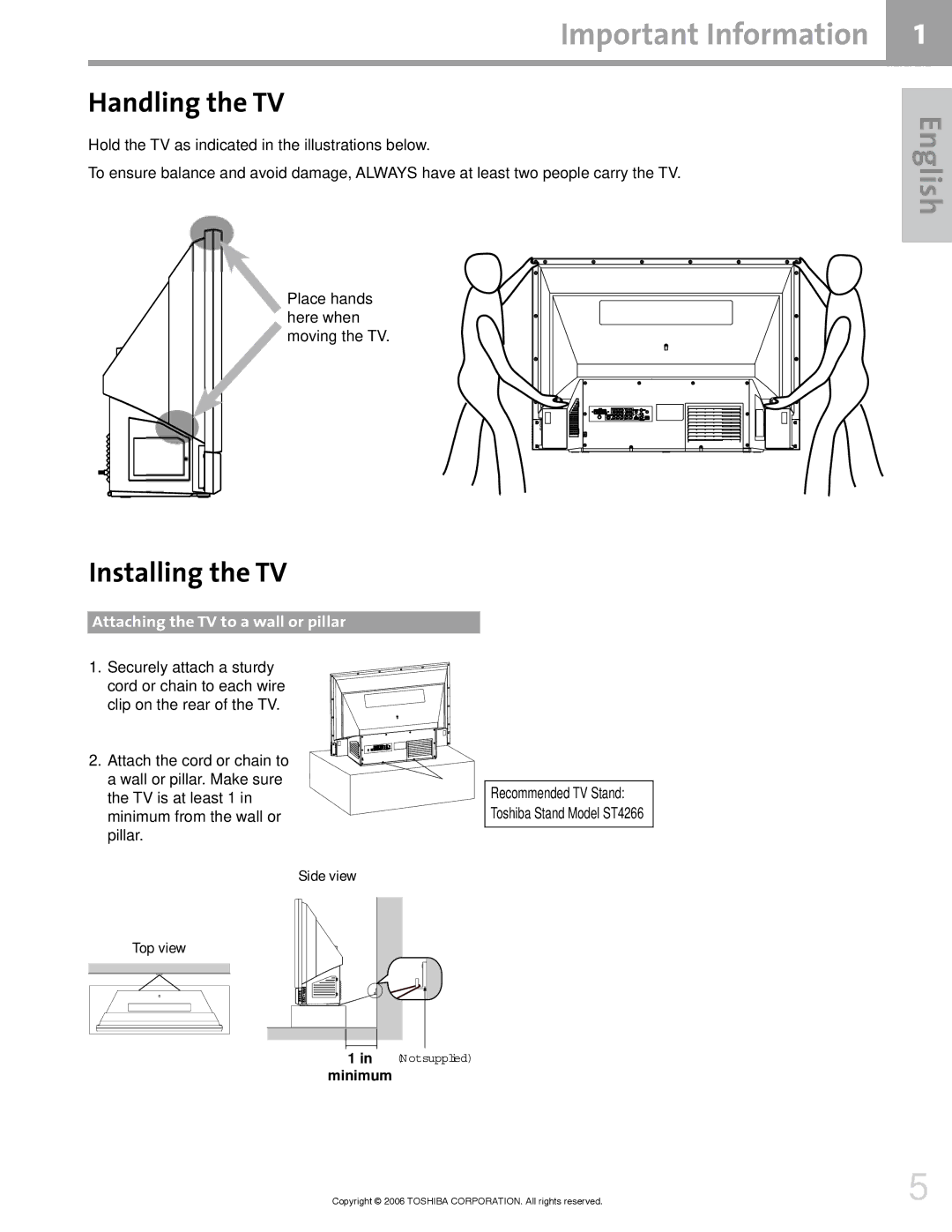 Toshiba 42HM66 manual Handling the TV, Installing the TV 